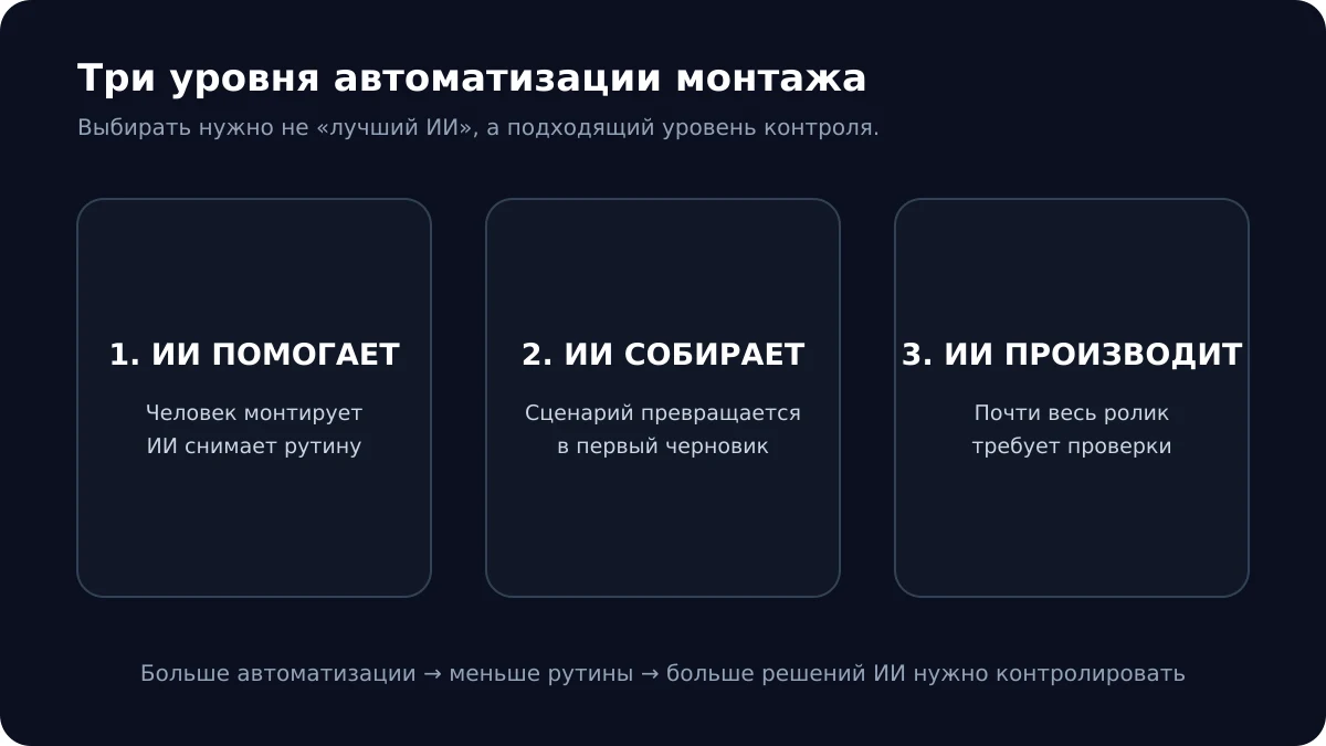 Три уровня автоматизации монтажа видео: ИИ помогает в редакторе, собирает черновик или производит ролик почти целиком